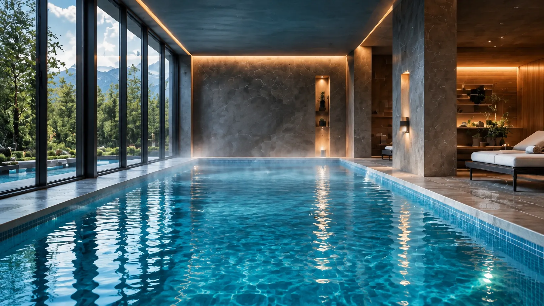 Contemporary thermal spa with a tranquil indoor pool, stone finishes and warm lounge lighting